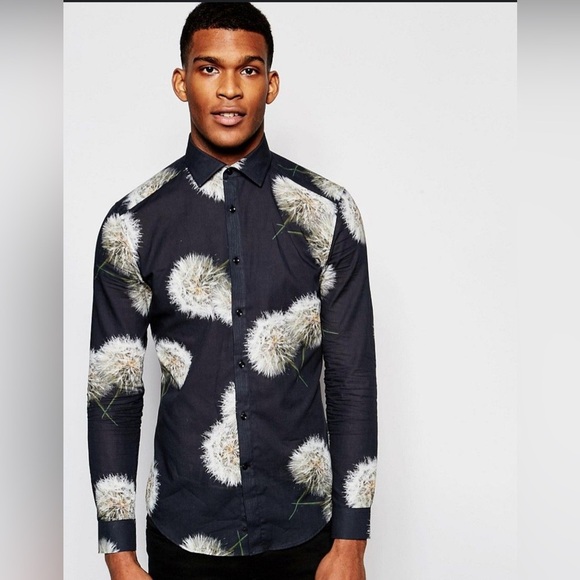 REISS Apache - Mens Dandelion Print Organic Cotton Shirt in Black Slim Fit Sz L - Picture 1 of 11